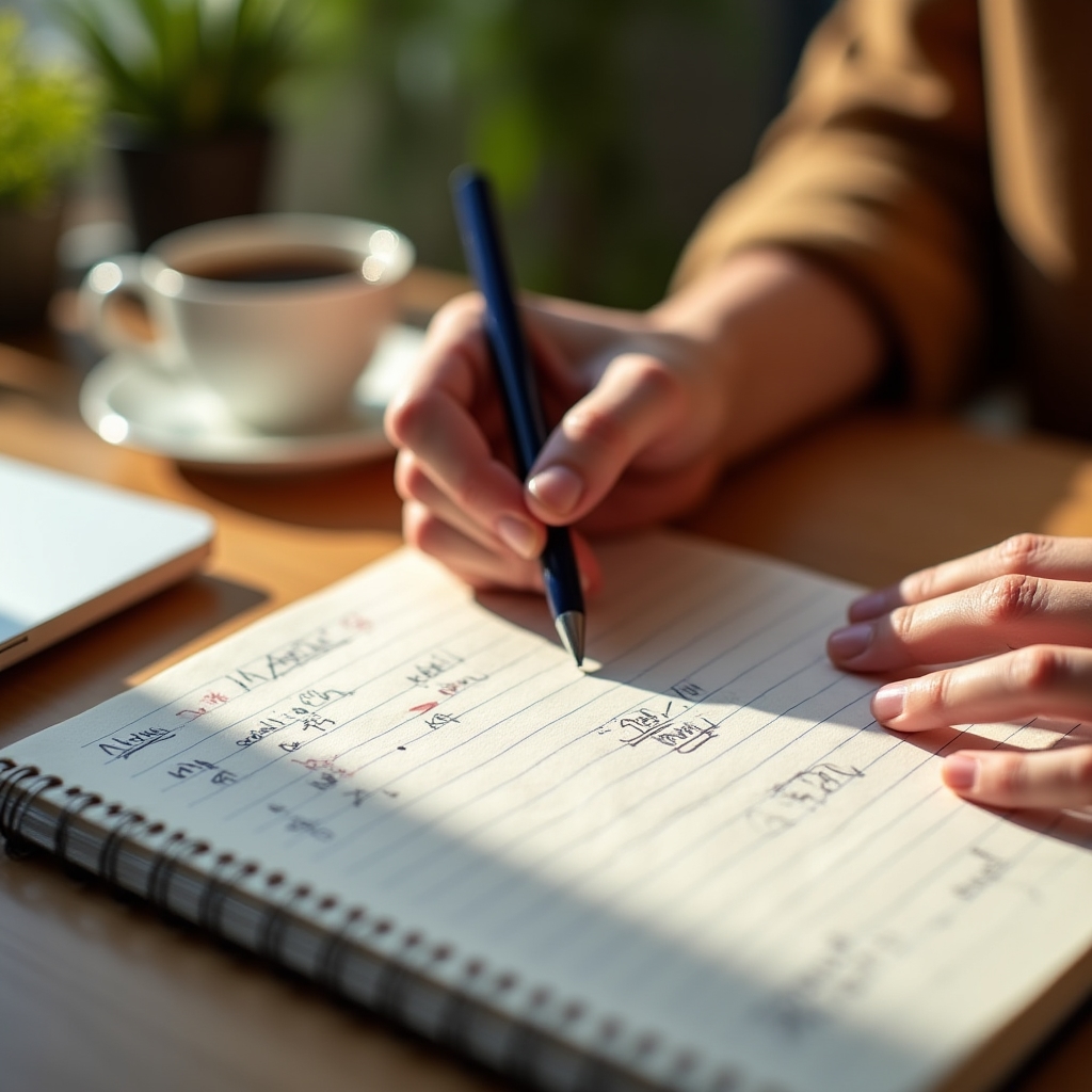 Consultant taking detailed notes during workplace observation session