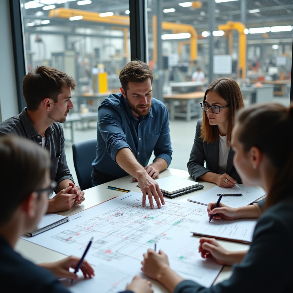 Industrial SME management team reviewing operational workflow diagrams