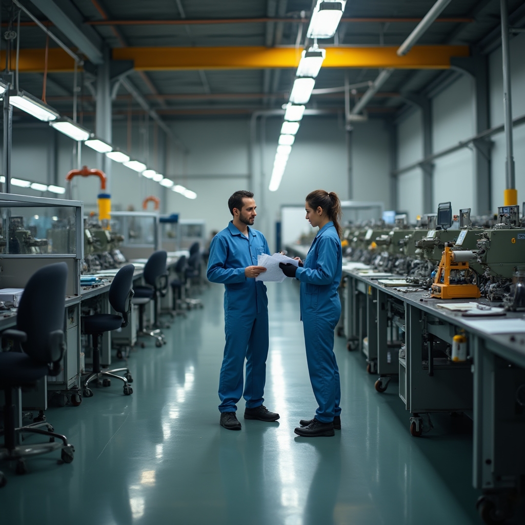 Workers on a manufacturing floor coordinating production tasks