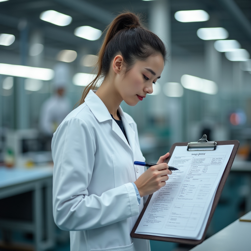 Quality control inspector reviewing production output with checklist